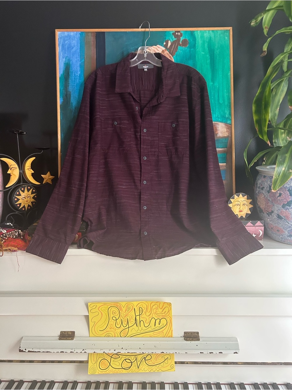 Mountain Ridge Burgundy Tonal Stripe Button-Up Long Sleeve Shirt Size M